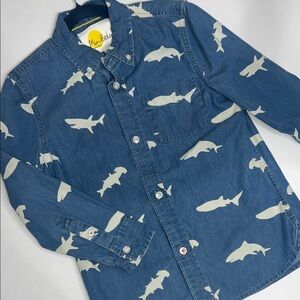 NWOT Boys Mini Boden Blue Denim Shirt with Shark Pattern